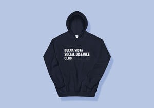 Navy blue hoodie reads "Buena Vista Social Distance Club" in white all caps writing and ruler tick mark design
