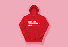 Load image into Gallery viewer, Red hoodie reads &quot;Buena Vista Social Distance Club&quot; in white all caps writing and ruler tick mark design