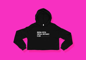 Cropped black hoodie reads "Buena Vista Social Distance Club" in all caps with ruler tick mark design