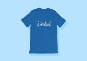 Royal blue shirt reads "Bitechtual" in white handlettered script