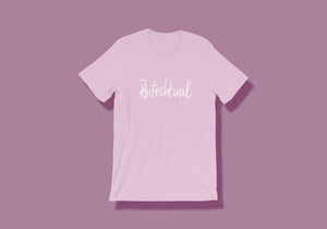Lilac purple shirt reads "Bitechtual" in white handlettered script