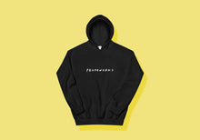 Load image into Gallery viewer, Black hoodie with &quot;Frameworks&quot; in all caps, designed like Friends logo with dots between each letter