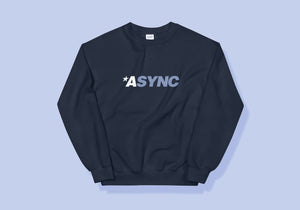 Navy blue jumper reads "*ASYNC" in same font as old *NSYNC logo. Letters *A are white and SYNC are light blue.