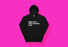 Load image into Gallery viewer, Black hoodie reads &quot;Buena Vista Social Distance Club&quot; in white all caps writing and ruler tick mark design