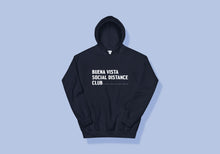 Load image into Gallery viewer, Navy blue hoodie reads &quot;Buena Vista Social Distance Club&quot; in white all caps writing and ruler tick mark design