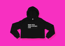 Load image into Gallery viewer, Cropped black hoodie reads &quot;Buena Vista Social Distance Club&quot; in all caps with ruler tick mark design