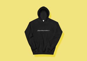 Black hoodie with "Frameworks" in all caps, designed like Friends logo with dots between each letter