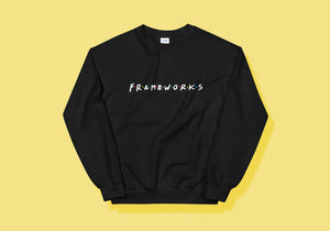 Black jumper with "Frameworks" in all caps, designed like Friends logo with dots between each letter