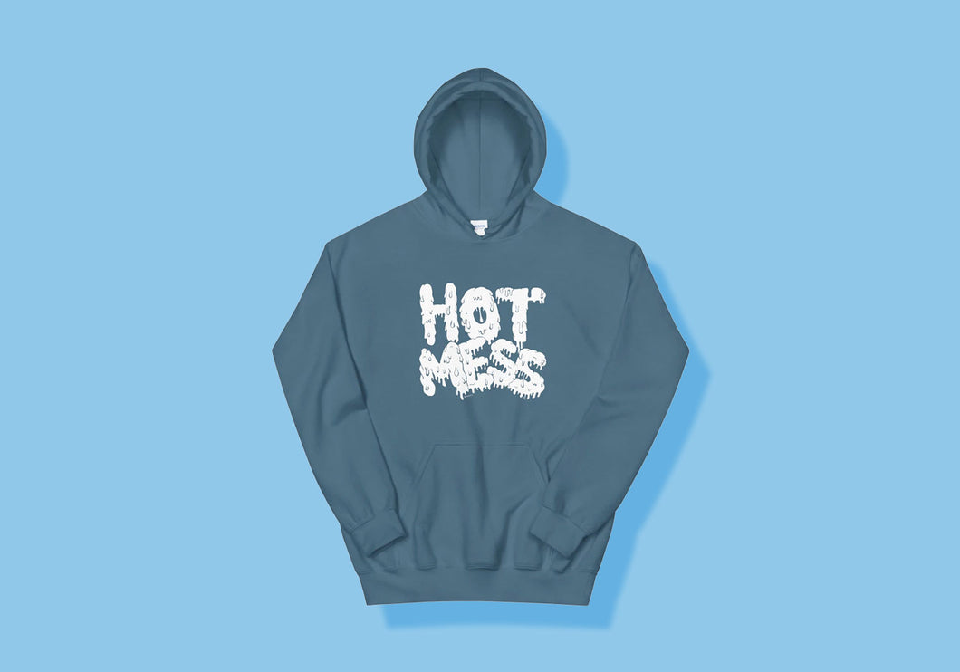 Slate blue hoodie reads 'Hot Mess' in drippy handdrawn font