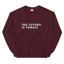 Load image into Gallery viewer, Maroon jumper reads &#39;The Futura Is Female&#39; in Futura