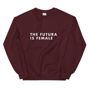 Maroon jumper reads 'The Futura Is Female' in Futura